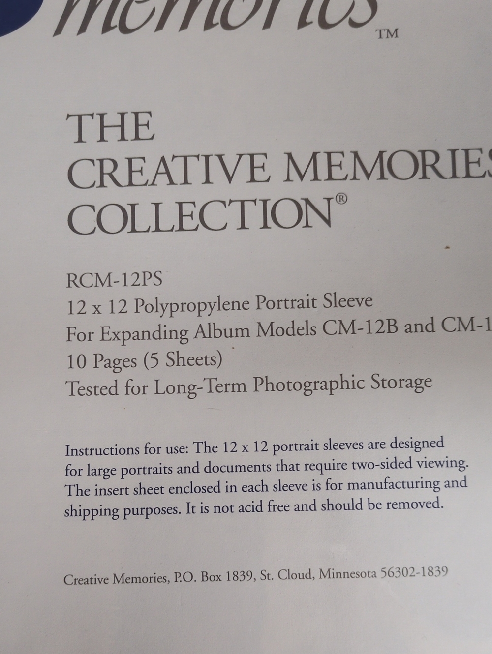 Creative Memories Clear 12x12 Polypropylene Portrait Sleeves